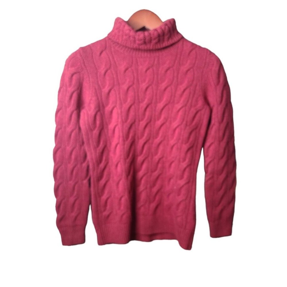 LL Bean Pullover Sweater Women Sm Burgandy Turtleneck Cable Knit Chunky 60% Wool
